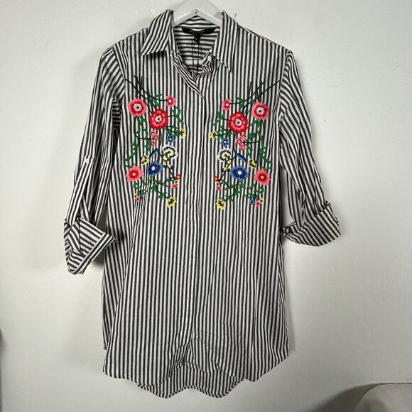 Walter Baker Becca Tunic Black/White Striped Floral Embroidered Medium New $178 - Picture 1 of 8